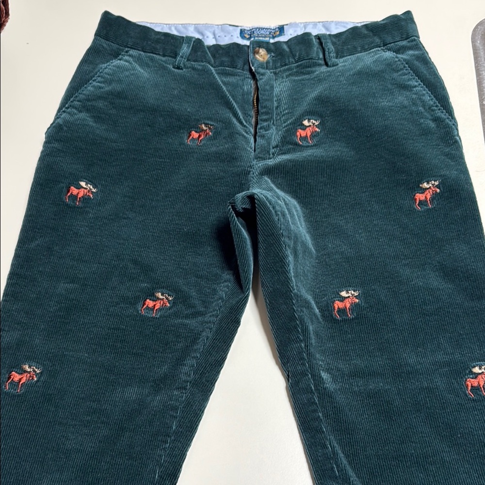Kiel James Patrick Green Corduroy Pants with Embroidered Moose